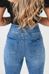 X429 Dzwony elastyczne jeansowe spodnie flare SEPATI wyszczuplające damskie z szeroką nogawką push up z zamkiem na boku s m l xl