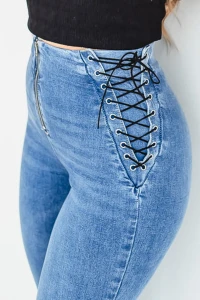 X440 Dopasowane jeansowe spodnie flare SEPATI elastyczne damskie dzwony z wiązaniem po bokach s m l xl xxl