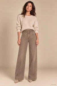 X178 Spodnie damskie wide leg SEPATI modelujące jeansy brązowe cappucino z wysokim stanem z szeroką gumą w pasie (S-XXL)