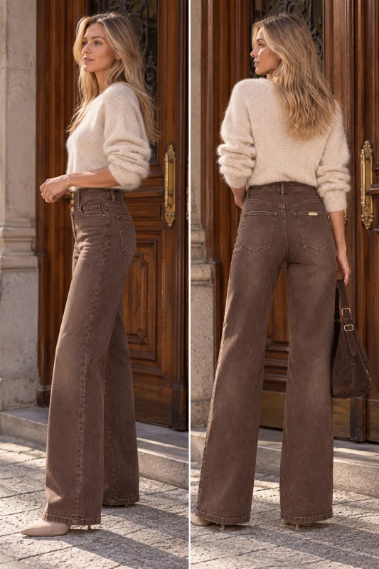 damskie modelujące spodnie z szeroką nogawką brązowe sepati wide leg (2).jpg