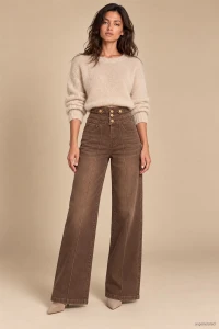 X211 Jeansowe damskie wide leg SEPATI brązowe szerokie spodnie jeansy push up z podłużnym szwem (S-XXL)