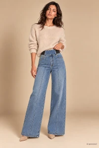 X177 Damskie szerokie spodnie jeansy wide leg SEPATI niebieskie z pzreszyciem wysokim stanem i gumą modelujacą w pasie