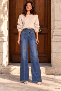X212 Damskie granatowe jeansy wide leg SEPATIz szerokimi nogawkami na kant z wysokim stanem 